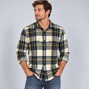 Aeropostale Mens Small Plaid Flannel Shirt White Blue Green Yellow Cotton S/P